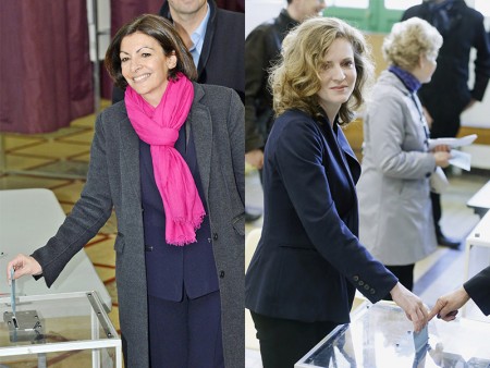 社会党巴黎市长候选人伊达尔戈（左）在巴黎15区投票，她的竞争对手人民运动阵线联盟候选人莫里泽则（右）在巴黎14区投票（AFP/Getty Images）