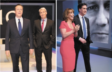 图片说3月26号，卡梅伦（左图）和米利班德（右图）分别参加了由Sky News直播的电视竞选问答。（Getty Images)明