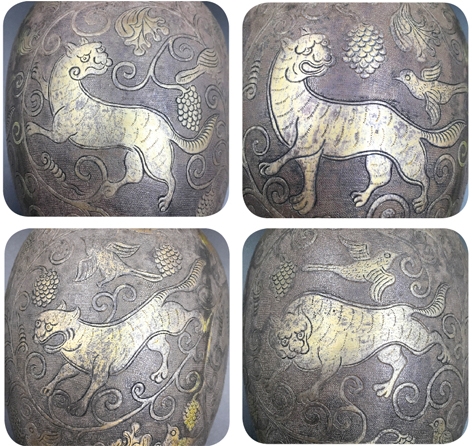 银鎏金缠枝葡萄鸟兽纹玉壶春瓶细部兽纹 银鎏金缠枝葡萄鸟兽纹玉壶春瓶细部兽纹