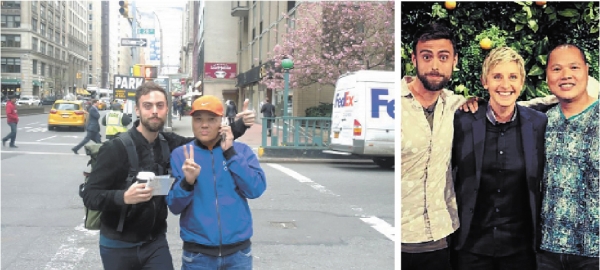 左图：“橘子哥”与史托佩拉游逛纽约街头。 右图：“橘子哥”与史托佩拉登上美国著名节目“Ellen Show”。（网络图片）