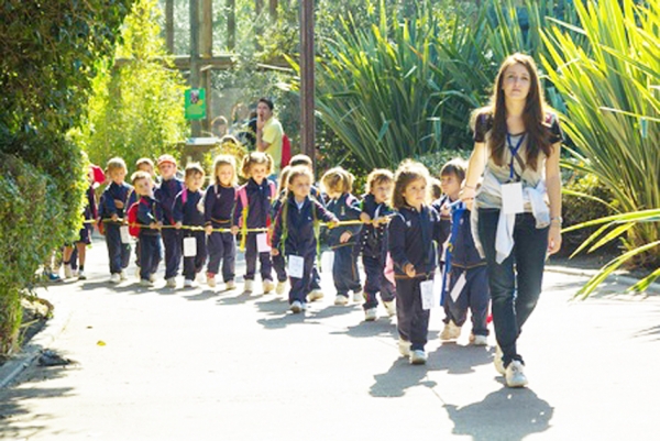 西班牙马德里公园内，老师带领排着队的学生。（123RF）