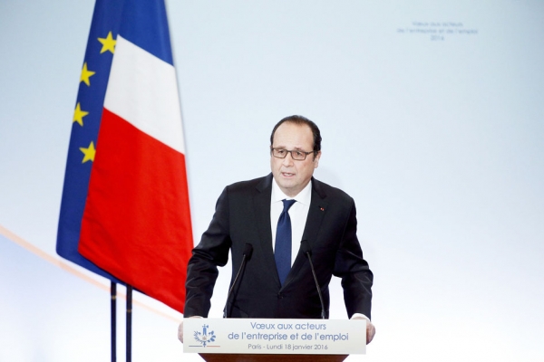 2016年1月18日。法国总统奥朗德向企业和就业工作者致辞。（AFP/Getty Images)