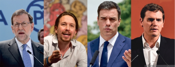 从左至有依次为：保守派人民党(PP)主席拉霍伊(Mariano Rajoy)、极左派我们能党(Podemos)主席伊格莱西亚(Pablo Igleasias)、