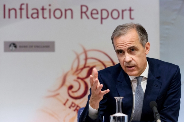 英格兰银行行长马克•卡尼主持季度通胀报告新闻发布会。（AFP/Getty Images）