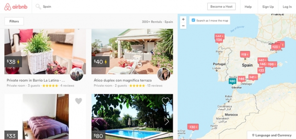 Airbnb搜索西班牙民宿网页截图