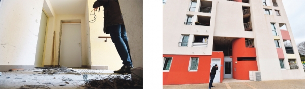 左图：2月10日，记者在法国反恐警察突袭的恐怖分子公寓内拍摄。右图：公寓大楼外景（AFP/Getty Images）