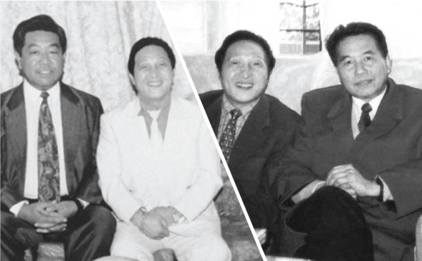 左图：王林生前与贾庆林(左)的合照，右图：王林生前与吴官正(右)的合照。(网络图片)