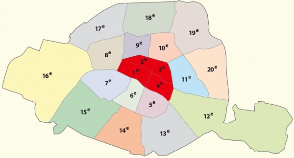 巴黎各区分布图。 第1、2、3、4区 将合并成“巴黎中心区”。(123RF)