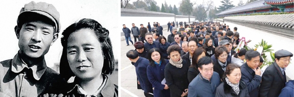 左图：年轻时的胡耀邦和李昭 / 右图：前往悼念李昭的人群(网络图片)