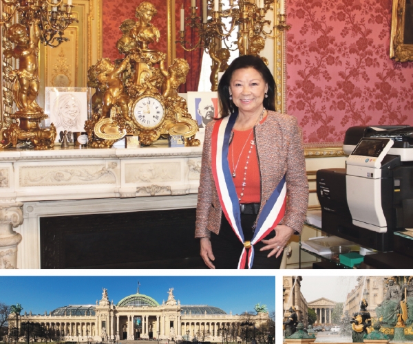 上图：巴黎8区区长多特赛尔女士摄于区长办公室（摄影：林莲怡/看中国）。下图左起：大皇宫（sanchezn/维基百科）；协和广场上的喷泉（Moonik/维基百科）