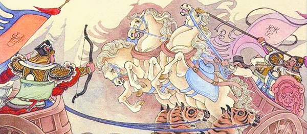 描写城濮之战的绘画,晋军将虎皮披在战马上,使得楚国联军的战马受惊而大乱。 描写城濮之战的绘画,晋军将虎皮披在战马上,使得楚国联军的战马受惊而大乱。