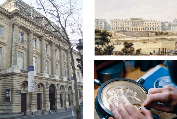 左图：巴黎铸币厂外景（摄影：PHGCOM/维基百科）；右上：巴黎铸币厂19世纪图（公有领域/维基百科）右下：一名工匠在巴黎铸币厂内制作奖牌。（AFP/Getty