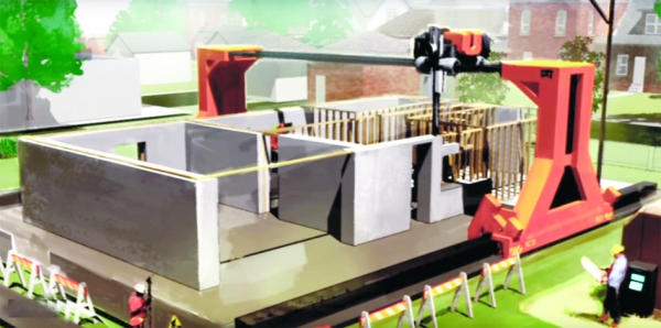 美国南加州大学Behrokh Khoshnevis教授所研发设计的巨型机器人Contour Crafting可以打造一栋房子。（视频截图）