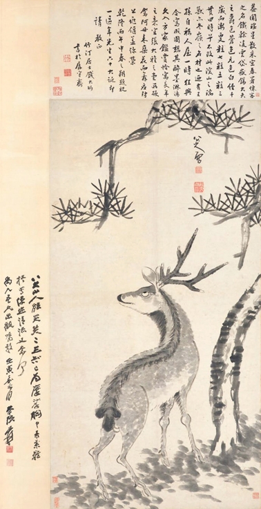朱耷《松鹿图》张大千旧藏,香港佳士得2014秋拍成交价904万港元。 朱耷《松鹿图》张大千旧藏,香港佳士得2014秋拍成交价904万港元。