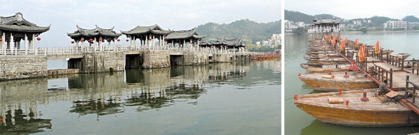 左图:广济桥;右图:广济桥中间的浮桥,是由18艘木船连接而成。(123RF) 左图:广济桥;右图:广济桥中间的浮桥,是由18艘木船连接而成。(123RF)