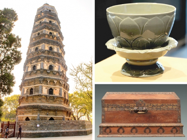 左图:虎丘塔(123RF);右图:虎丘塔中发现的越窑青瓷莲花碗和宋代楠木经箱 左图:虎丘塔(123RF);右图:虎丘塔中发现的越窑青瓷莲花碗和宋代楠木经箱