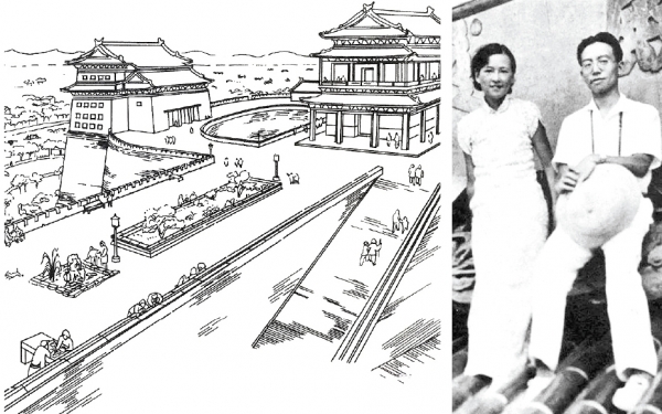 左图:梁思成当年提出的北京城墙公园设想规划草图,但却没有被采纳,而后,北京的老城墙和老建筑被铲除殆尽。右图:梁思成与林徽因合照。 左图:梁思成当年提出的北京城墙公园设想规划草图,但却没有被采纳,而后,北京的老城墙和老建筑被铲除殆尽。右图:梁思成与林徽因合照。