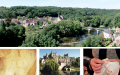 大图：小镇远景（P. Bernard_LPBVF）；下左图：镇上旧石器时代遗留的史前文明雕刻（Jochen Jahnke/维基百科）；下中图：朗格兰河畔昂格勒镇的中世纪城堡遗迹（Joachim Jahnke/维基百科）；下右图：小镇手工刺绣制品（OT Angles-sur-l'Anglin）