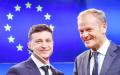 6月5日，欧洲理事会主席图斯克（右）和乌克兰总统泽伦斯基（左）在布鲁塞尔举行的欧洲理事会会议后出席新闻发布会。（AFP/Getty Images）