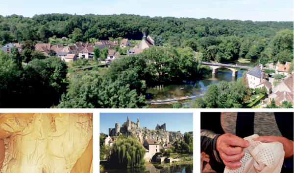 大图：小镇远景（P. Bernard_LPBVF）；下左图：镇上旧石器时代遗留的史前文明雕刻（Jochen Jahnke/维基百科）；下中图：朗格兰河畔昂格勒镇的中世纪城堡遗迹（Joachim Jahnke/维基百科）；下右图：小镇手工刺绣制品（OT Angles-sur-l'Anglin）