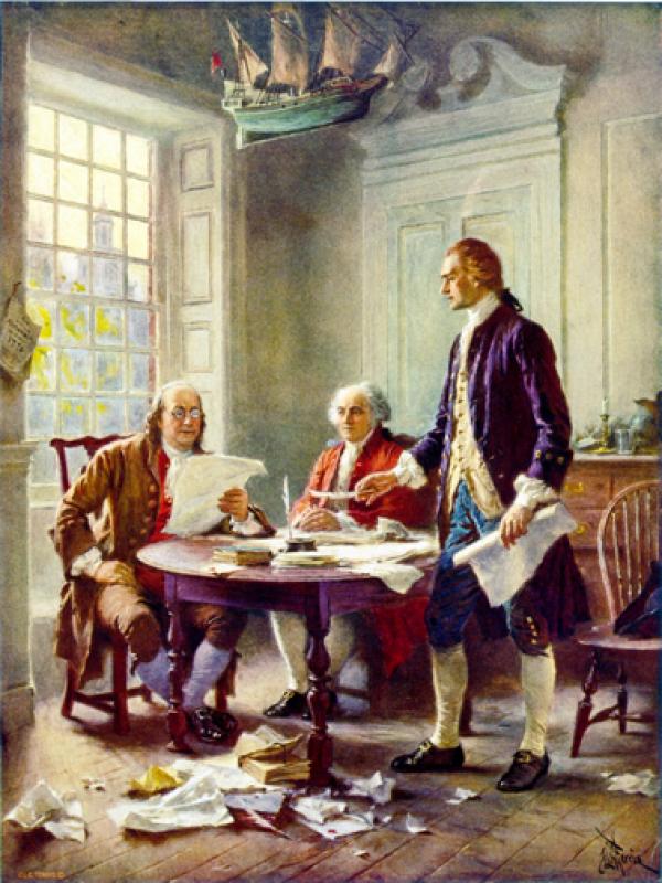 撰写美国独立宣言。本杰明·富兰克林（左），约翰·亚当斯（中），托马斯·杰斐逊（右）(图片来源：Wikimedia/CC0)