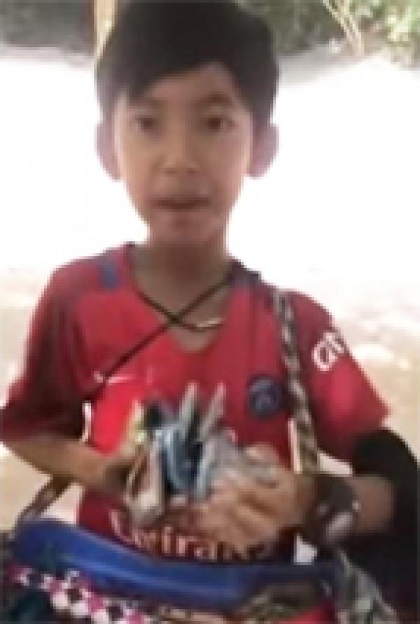 柬埔寨吴哥窟一个年约7岁的小男孩能流利地使用8个国家的语言向游客兜售他篮子中的纪念品。（视频截图） 