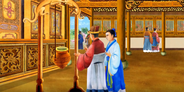 孔子的儿子伯鱼在太庙中向先生请教漆器的深层含义。