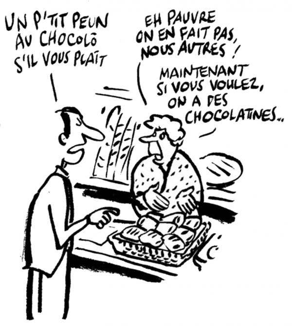 法国北方顾客：请给我一个Pain au chocolat。法国西南方店主：哦，我们不做这个！如果您愿意，我们有Chocolatines。（法国漫画家Jean-Claude Pertuzé/维基百科）