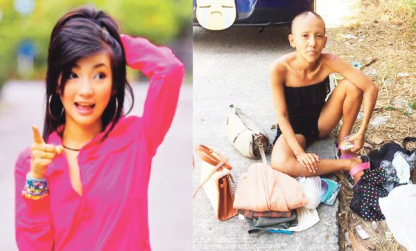 昔日泰国女演员Tai Manusanan Pandee（左），Tai坐在马路边乞讨（右）。