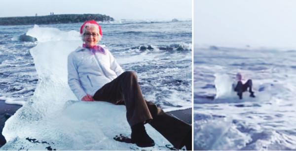 左图：美国奶奶冰上拍照。右图：奶奶坐的冰块被巨浪冲进了海里。（视频截图）