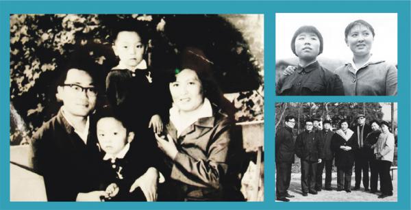 杨丽坤、唐凤楼夫妇和他们的双胞胎儿子（左）；上世纪70年代初病情好转的杨丽坤（右上）；《阿诗玛》剧组人员看望杨丽坤（右下）。