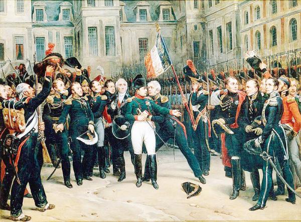 1814年，拿破仑在枫丹白露城堡，向他的将士告别。(维基百科)