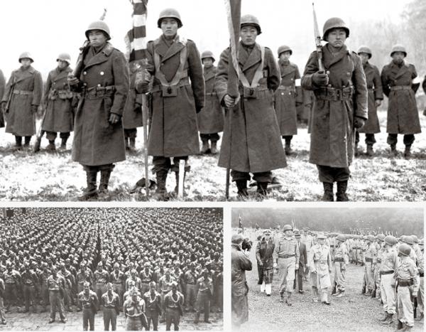 大图和左图：由日裔美军士兵组成的美军442步兵团；右图：杜鲁门总统走过第442步兵团。