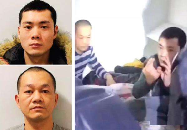 左上：王凯。左下：陈全。右图：俩嫌犯被破门而入的警方所抓捕。（视频截图）