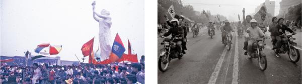 左：学生聚集在民主女神像旁和平请愿，秩序良好。（刘建）；右：被称为“飞虎队”的摩托车队游行，支持学生。（刘建）