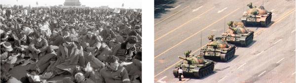 左：1989年5月中旬，学生绝食大约一周后。（刘建）；右：六四事件最著名的“坦克人”画面。