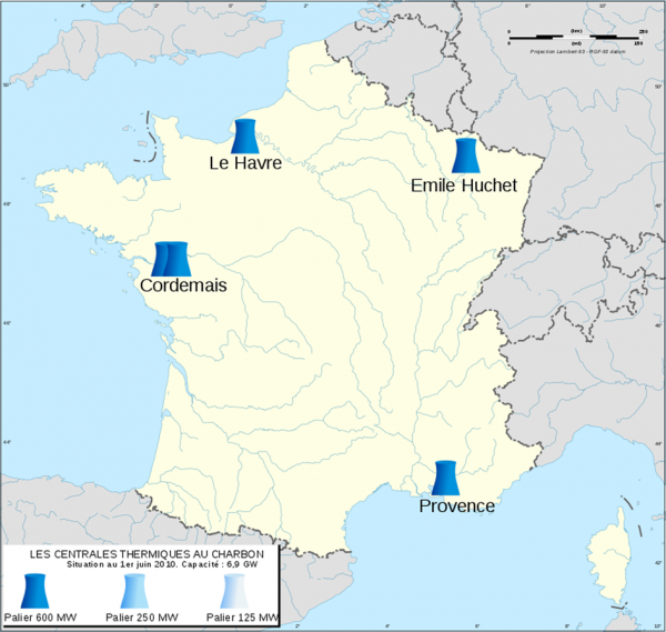 法国最后4座燃煤电厂分布图（维基百科）