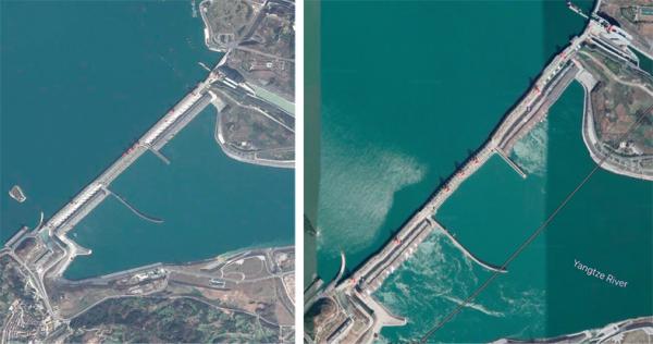 冷山7月1日在其推特账户上发布的两张三峡大坝对比照。