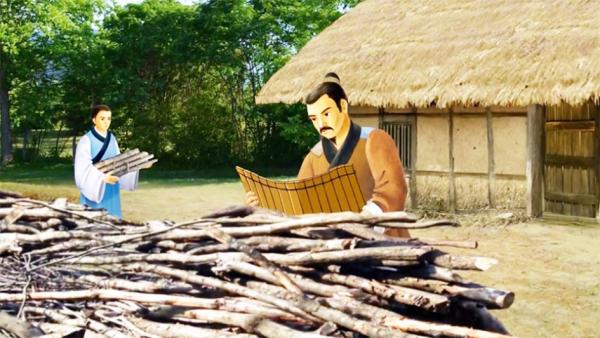 汉朝的朱买臣，一边砍柴一边仍不忘记读书。