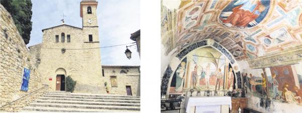 左图：圣约翰洗者教堂外景（MOSSOT/维基百科CC BY-SA 3.0）；右图：圣塞巴斯蒂安礼拜堂内部壁画（MOSSOT/维基百科CC BY-SA 3.0）。