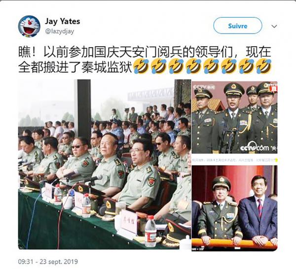 网友在推特贴出多张过往阅兵的图片说：“参加天安门阅兵的领导们，现在全都搬进了秦城监狱！”