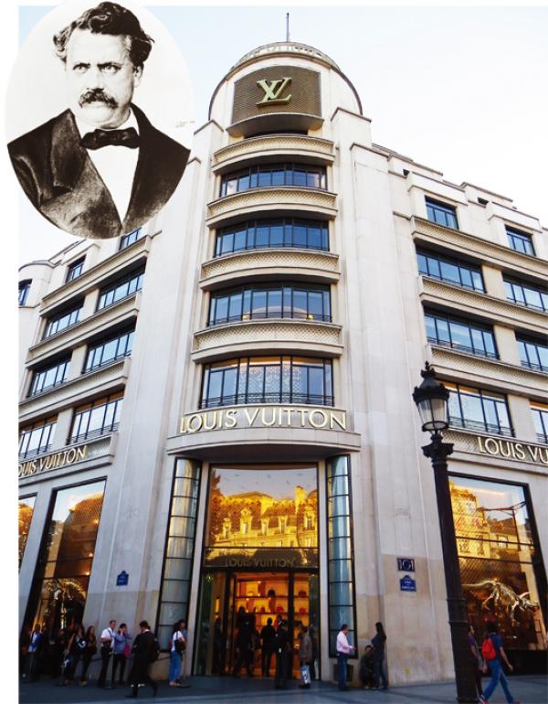 上图：位于巴黎香榭丽舍大街的路易•威登旗舰店（Erwmat/维基百科） 左上角小图：路易威登品牌创始人——路易•威登（Louis Vuitton） 