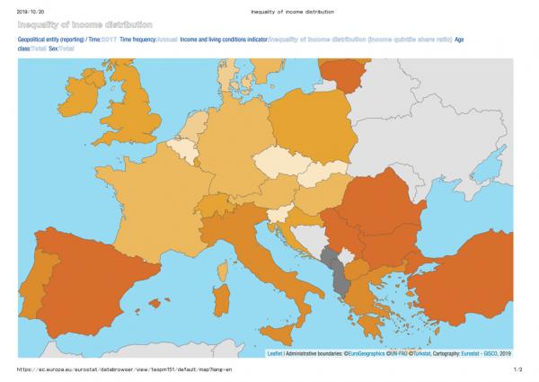 欧盟统计局2017年的贫富差距数据图，图中颜色的深和浅，相应表明收入不平等率的高和低。（Eurostat)