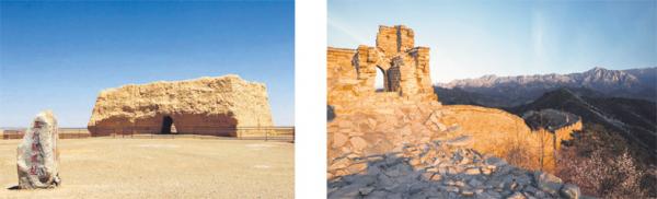 左图：玉门关遗址（公有领域）；右图：已损坏的长城烽火台（公有领域）