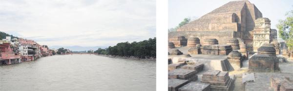 左图：恒河（公有领域）；右图：那烂陀寺遗址（公有领域）