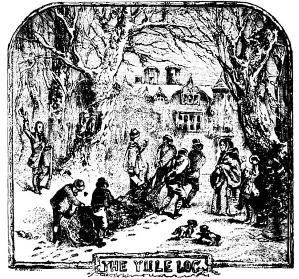 描绘旧时人们庆祝冬至日时往家中运树干的插画（公有领域）