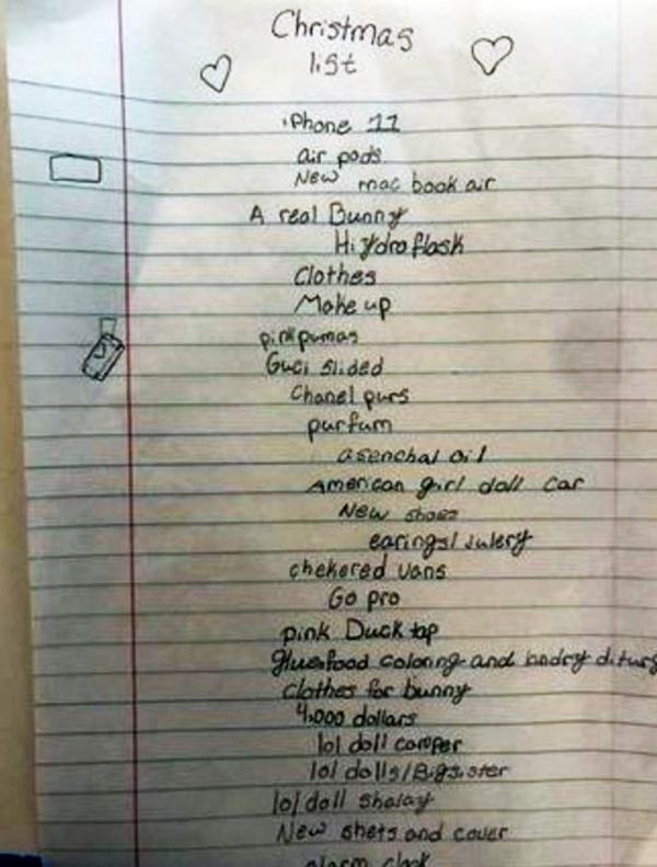 10岁女童的圣诞愿望清单（推特截图）