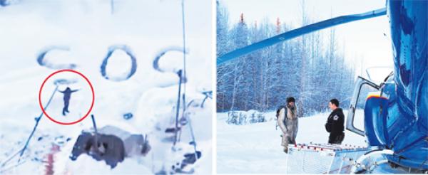 左图：斯蒂尔在雪地上刻画出一个大大的“SOS”。右图：23天后，阿拉斯加州警方发现并营救了斯蒂尔。（视频截图）