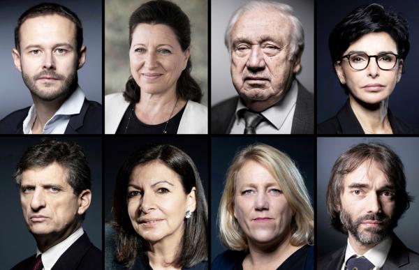 2020年巴黎市长候选人（部分），从左至右第一排：贝利亚尔（David Belliard），布赞（Agnès Buzyn），坎皮恩（Marcel Campion），达蒂（Rachida Dati），第二排：费德尔布什（Serge Federbusch），伊达尔戈（Anne Hidalgo），西莫内（Danielle Simonnet），维拉尼（Cédric Villani）。（AFP/Getty Images）