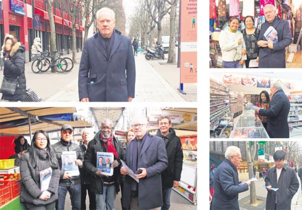 上左图：巴黎13区区长竞选人杜博瓦（Jean-Michel Dubois）于2月22日走访了13区唐人街。下左图：杜博瓦与其团队摄于Nationale地铁站附近的市场；右组图：杜博瓦在13区唐人街与商家和行人交谈。（摄影：林莲怡/看中国）